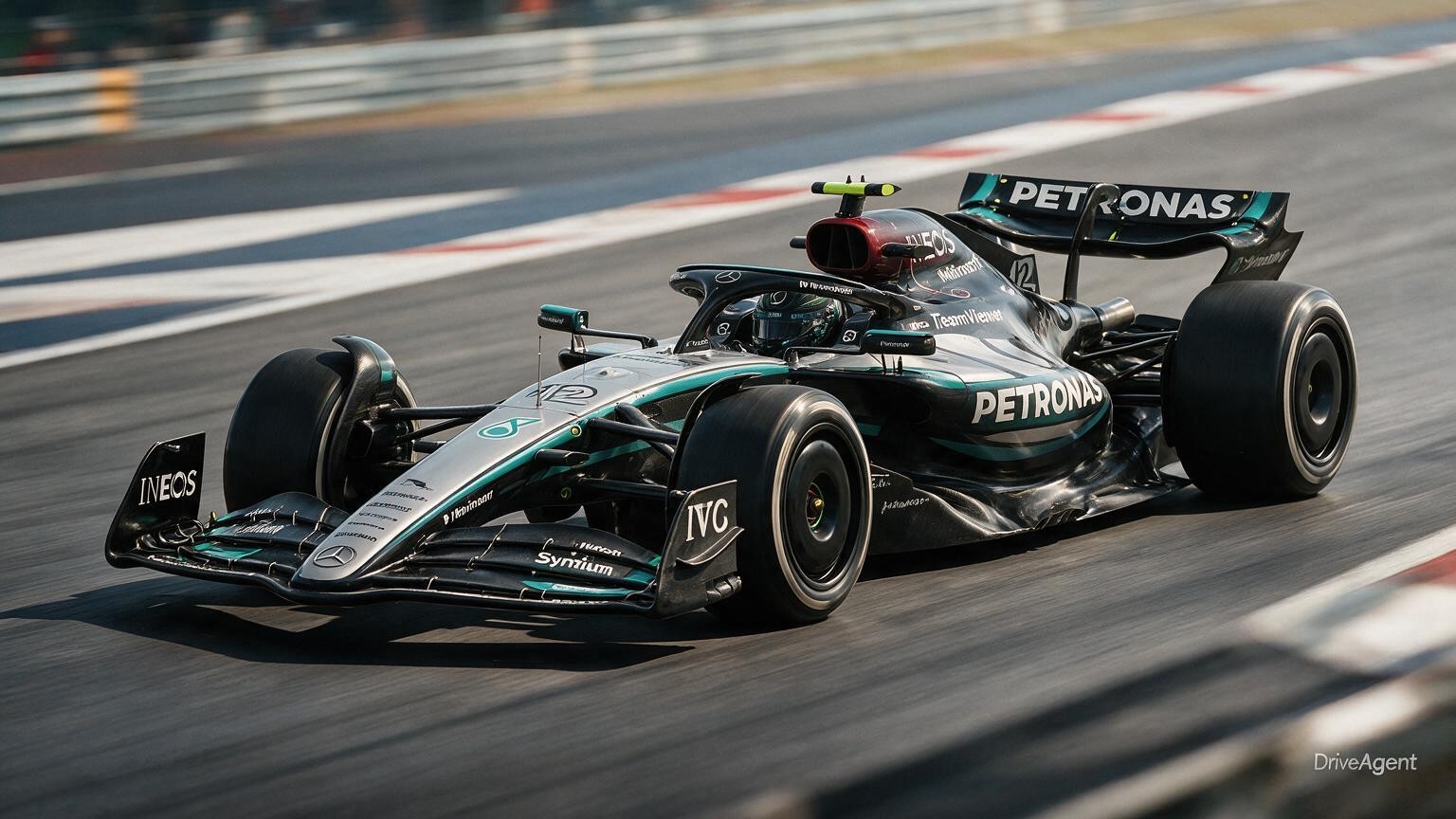 Editorial illustration of Mercedes-AMG W17, Mercedes car number 12, in a racing setting