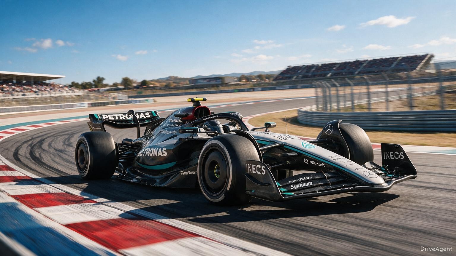 Editorial illustration of Mercedes-AMG W17, Mercedes car number 12, in a racing setting
