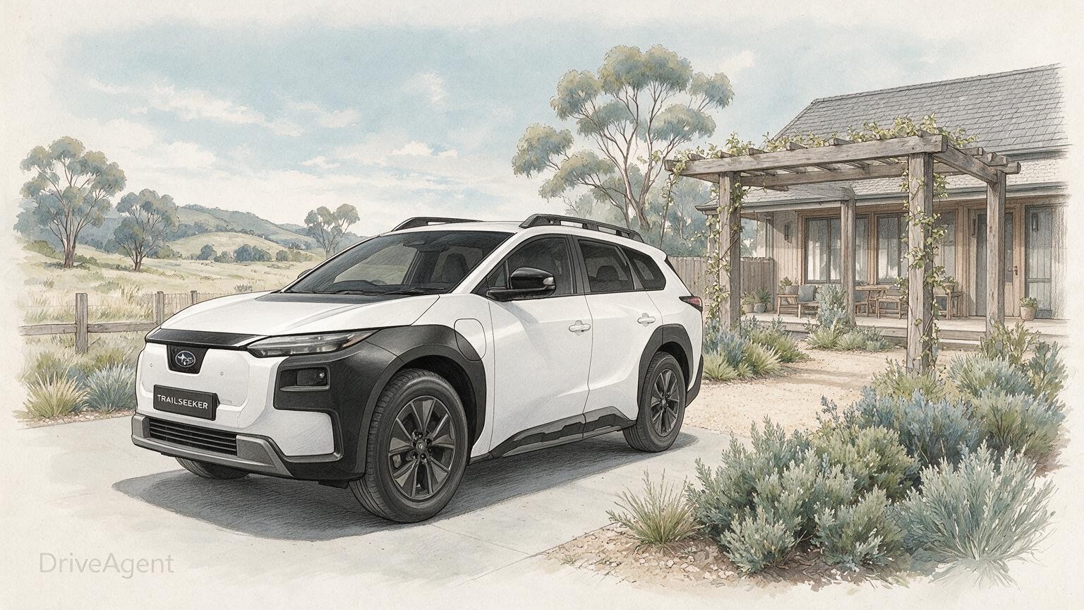 AI editorial illustration of a 2026 Subaru Trailseeker AWD electric wagon