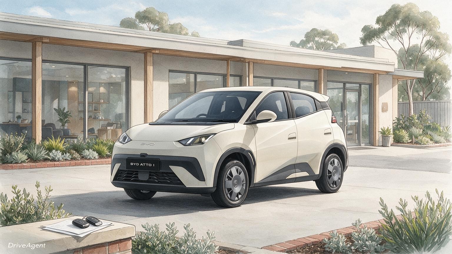 AI editorial illustration of a BYD Atto 1 Essential, Australian manufacturer configurator reference