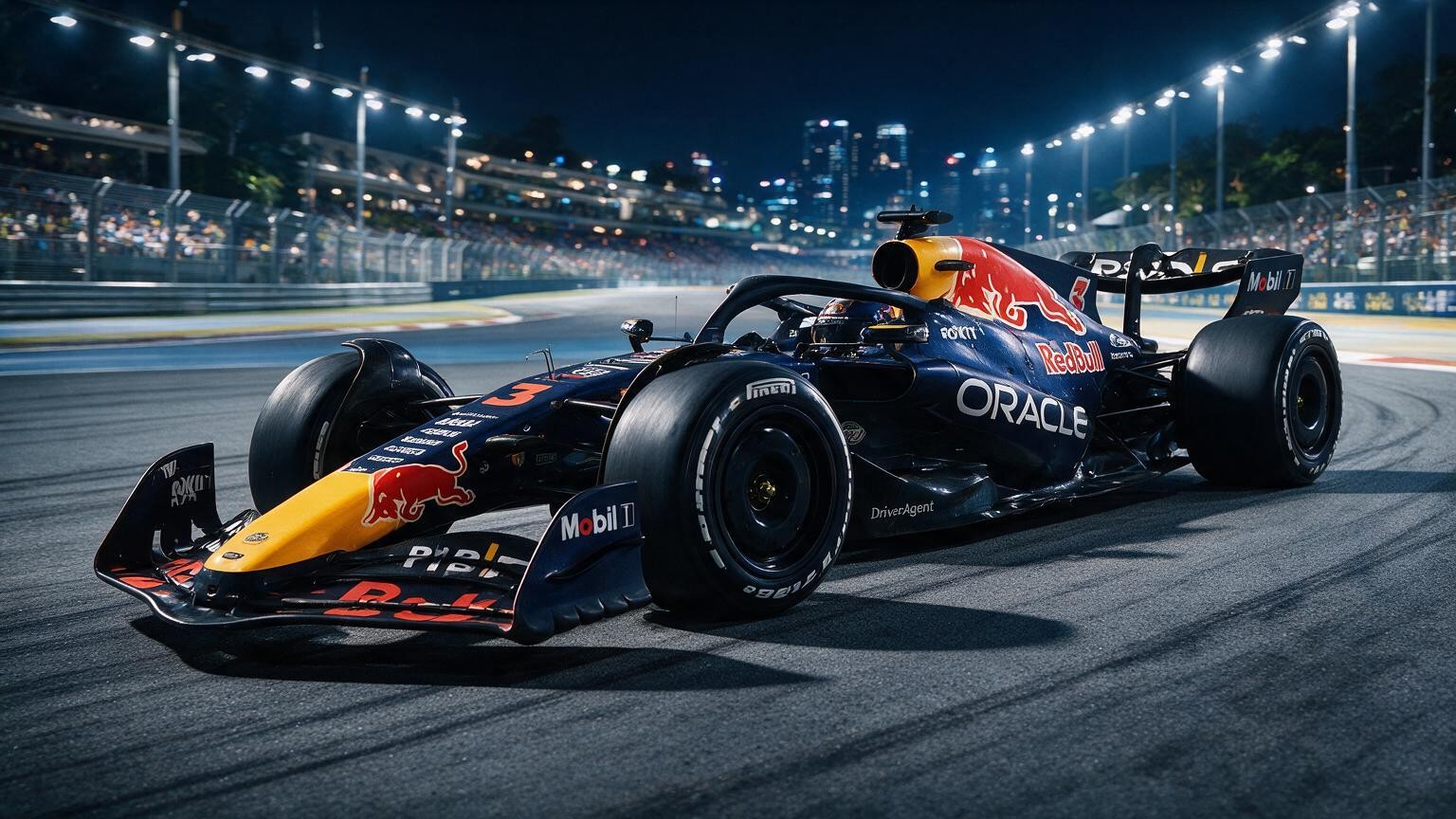 Editorial illustration of Red Bull RB22, Red Bull car number 3, in a racing setting