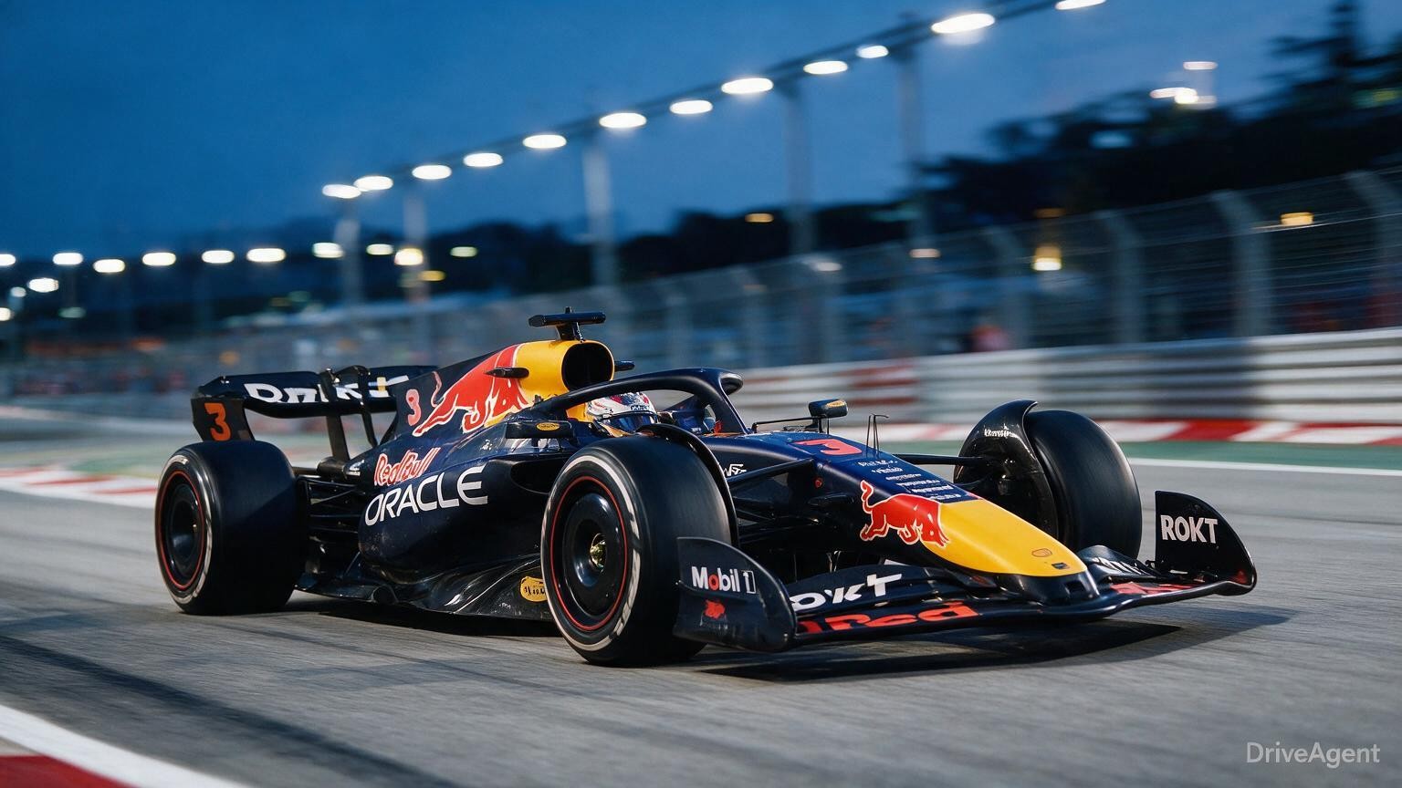 Editorial illustration of Red Bull RB22, Red Bull car number 3, in a racing setting
