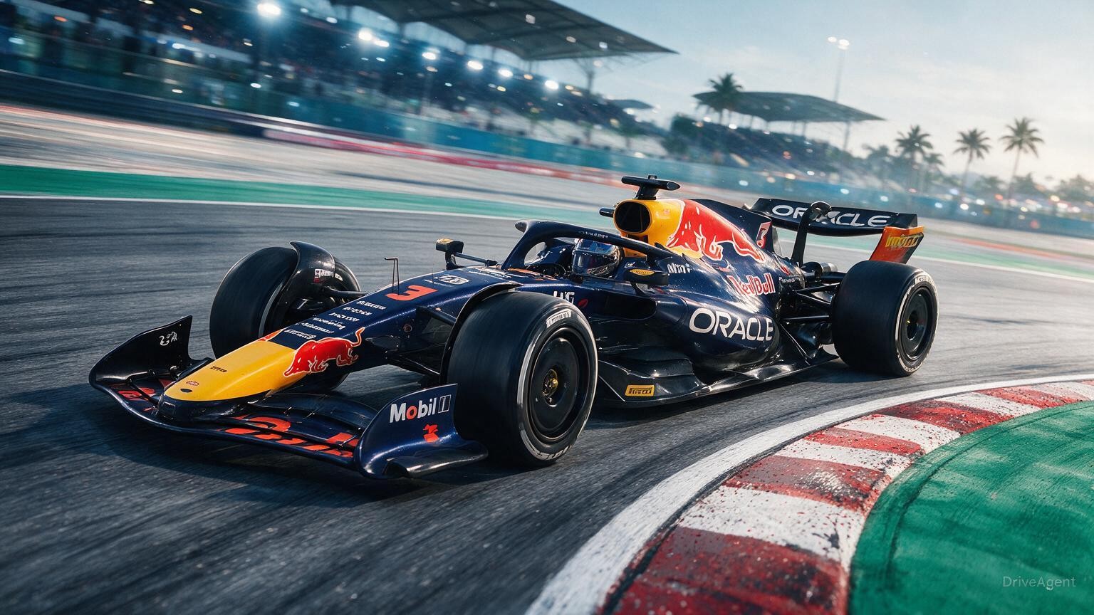Editorial illustration of Red Bull RB22, Red Bull car number 3, in a racing setting
