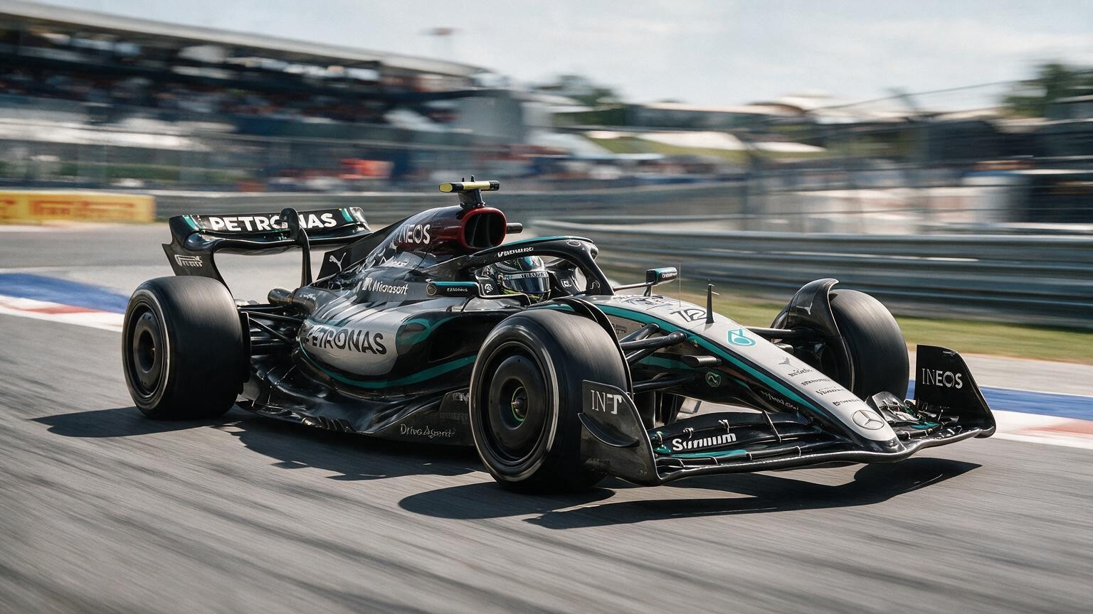 Editorial illustration of Mercedes-AMG W17, Mercedes car number 12, in a racing setting