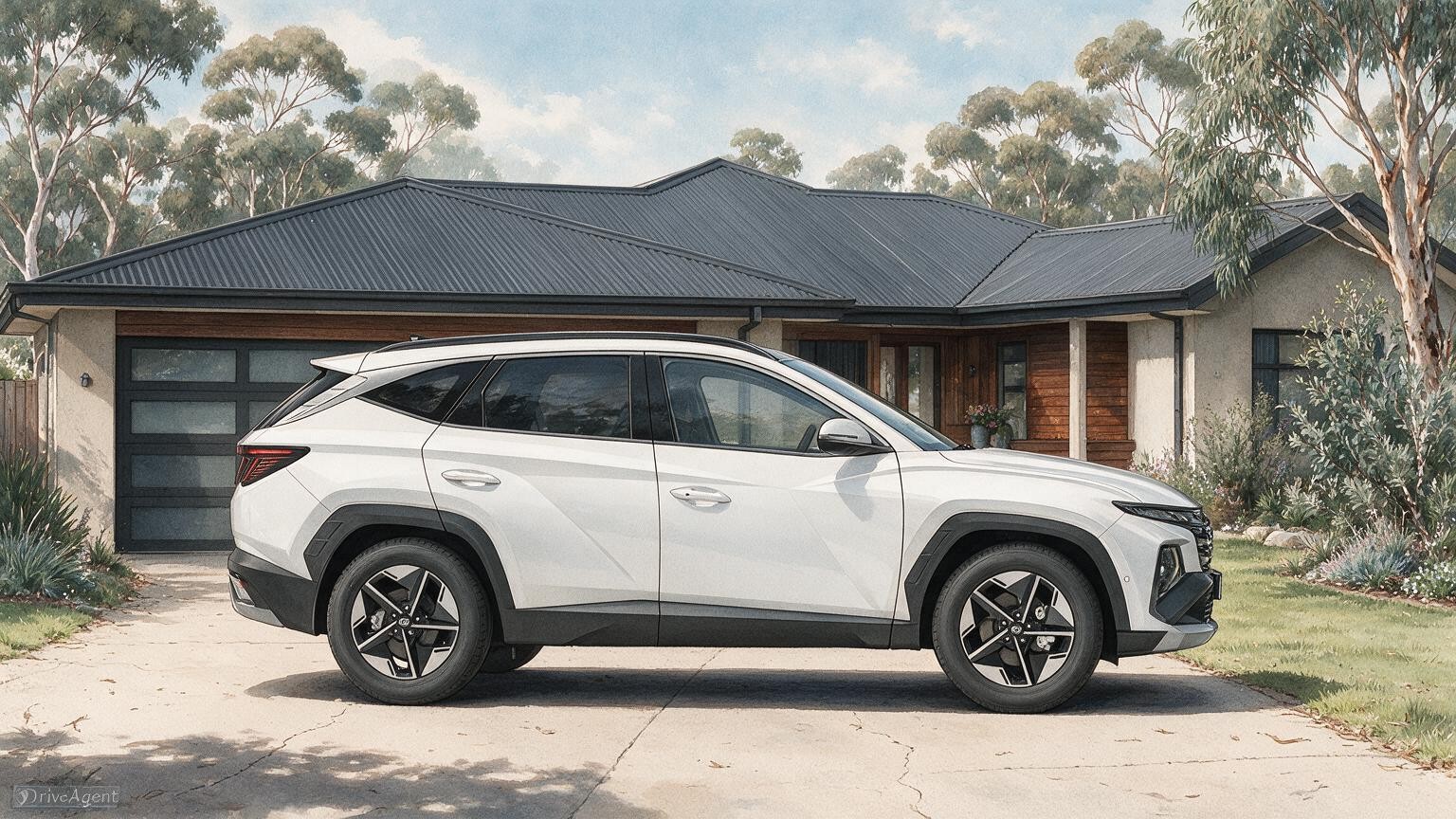 AI editorial illustration of a Hyundai Tucson