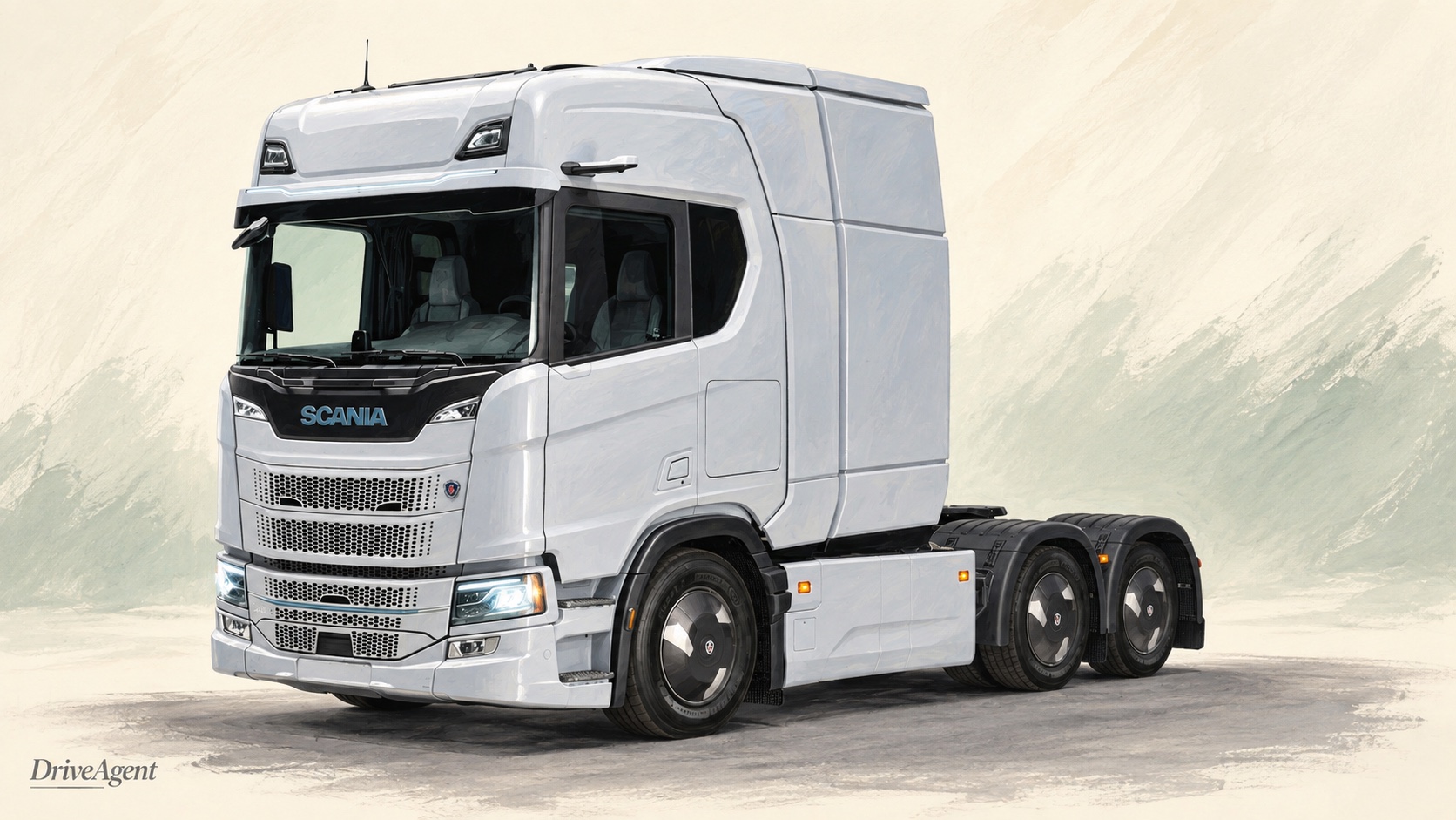 Editorial illustration of Scania electric tractor with batteries behind the cab.