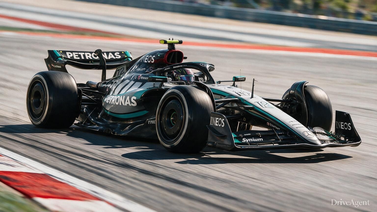 Editorial illustration of Mercedes-AMG W17, Mercedes car number 12, in a racing setting