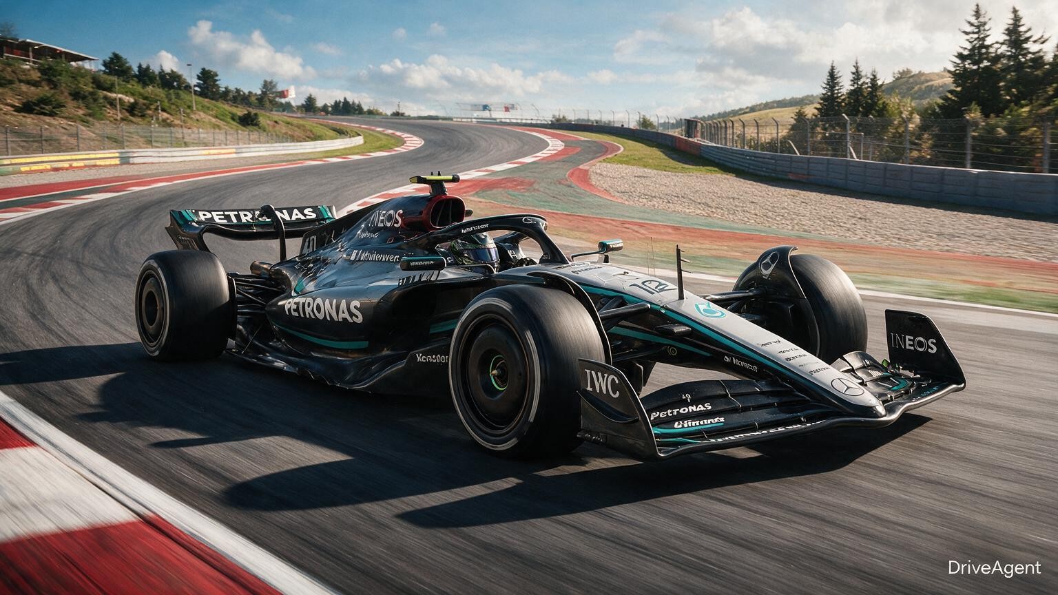 Editorial illustration of Mercedes-AMG W17, Mercedes car number 12, in a racing setting