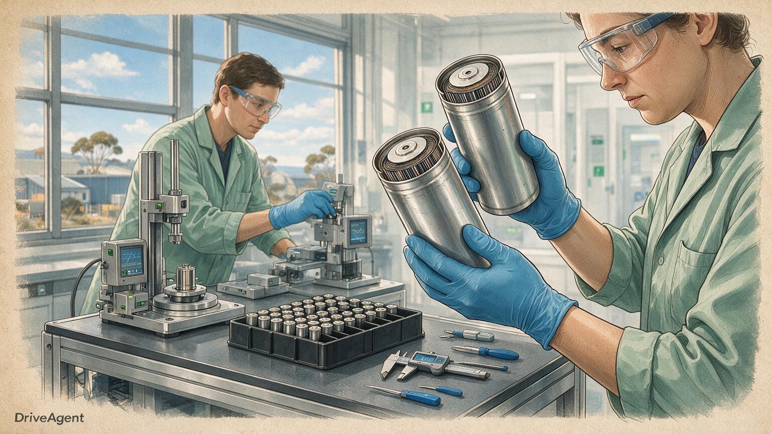 Concept illustration for: Nio's in-house large cylindrical battery project edges toward limited output as contract makers named