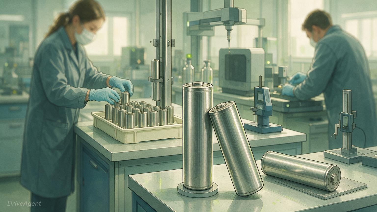 Concept illustration for: Nio's in-house large cylindrical battery project edges toward limited output as contract makers named