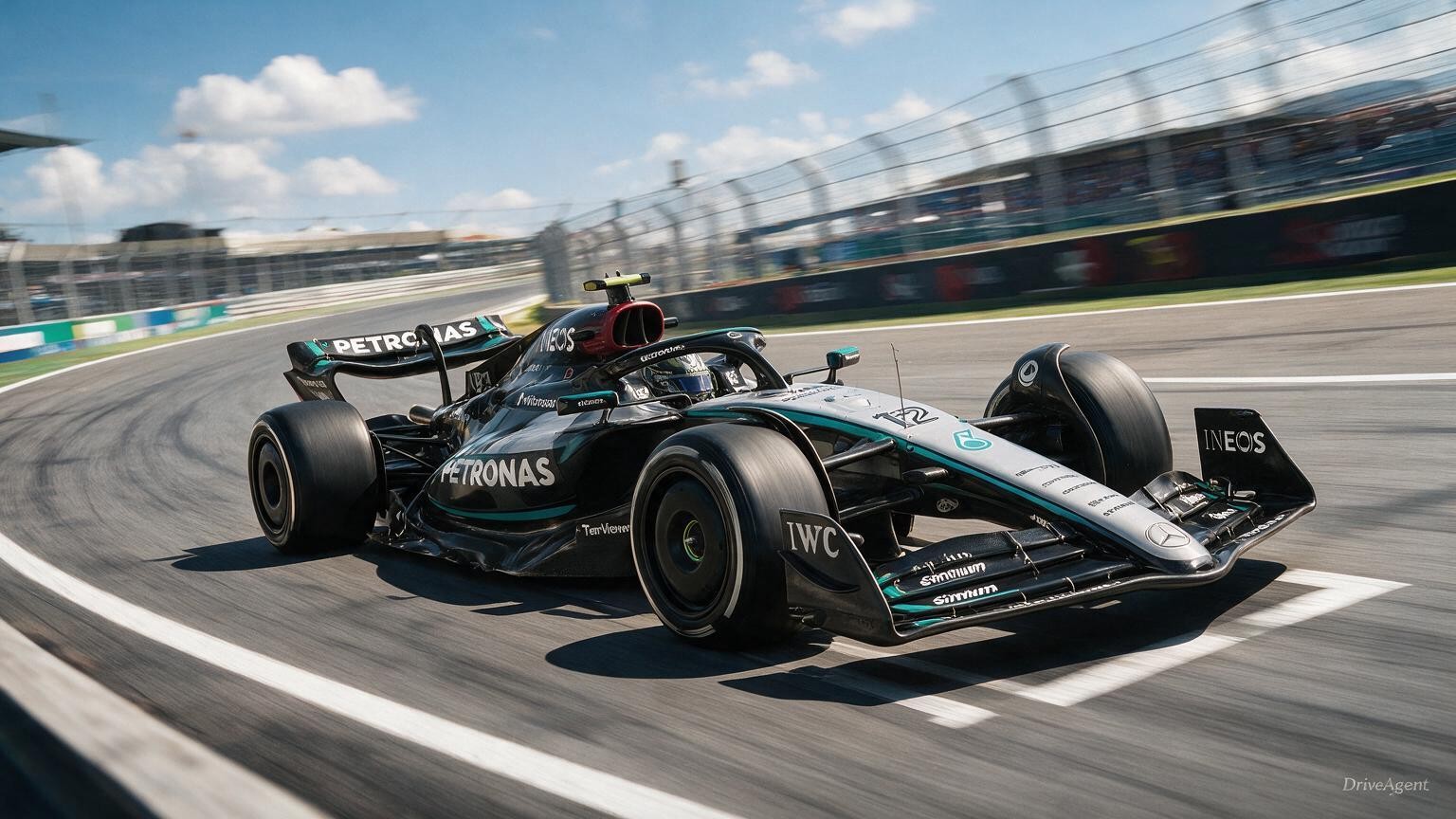 Editorial illustration of Mercedes-AMG W17, Mercedes car number 12, in a racing setting