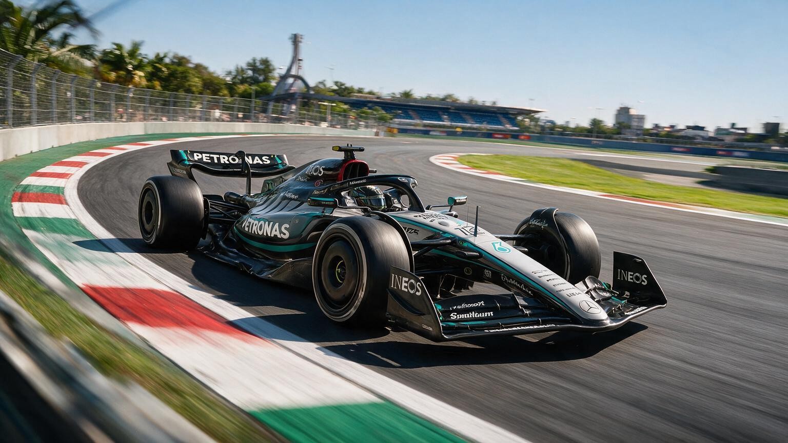 Editorial illustration of Mercedes-AMG W17, Mercedes car number 12, in a racing setting
