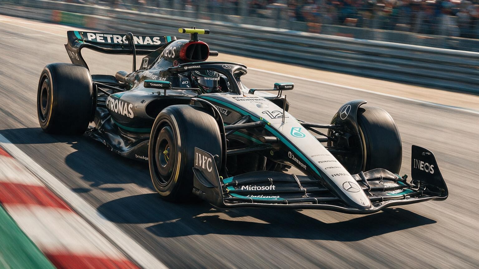 Editorial illustration of Mercedes-AMG W17, Mercedes car number 12, in a racing setting