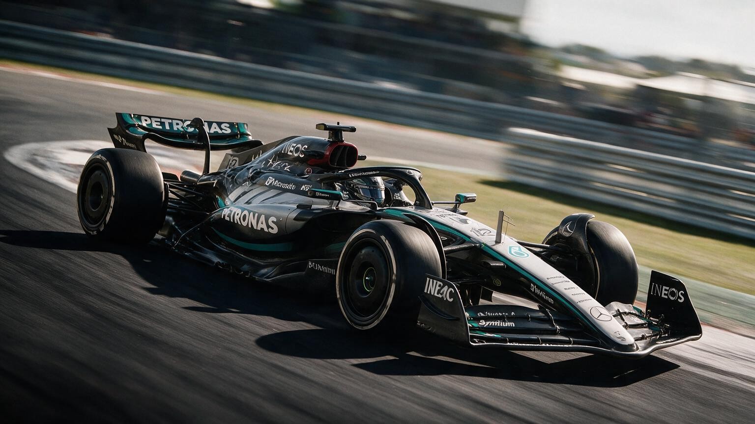 Editorial illustration of Mercedes-AMG W17, Mercedes car number 12, in a racing setting