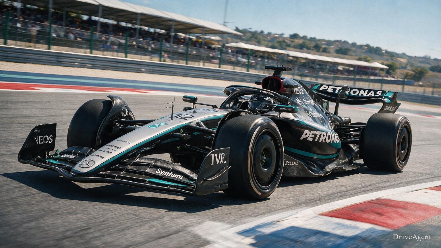 Editorial illustration of Mercedes-AMG W17, Mercedes car number 12, in a racing setting