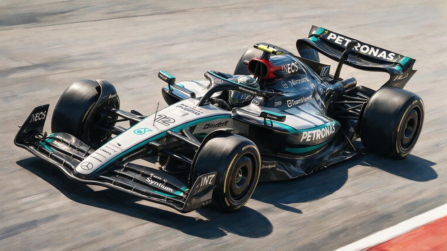 Editorial illustration of Mercedes-AMG W17, Mercedes car number 12, in a racing setting