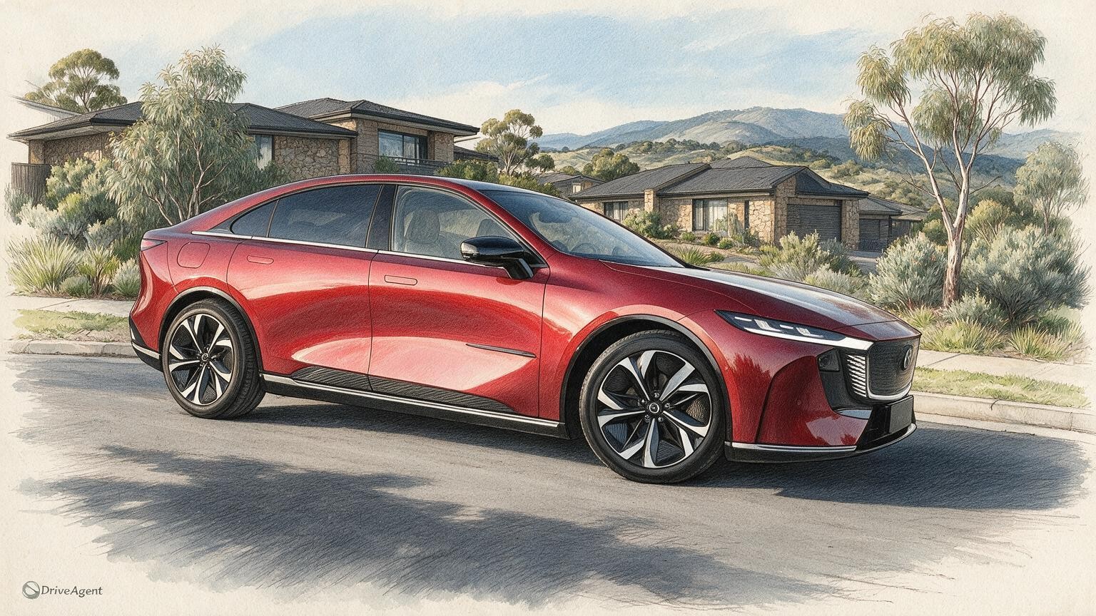 AI editorial illustration of the Mazda 6e