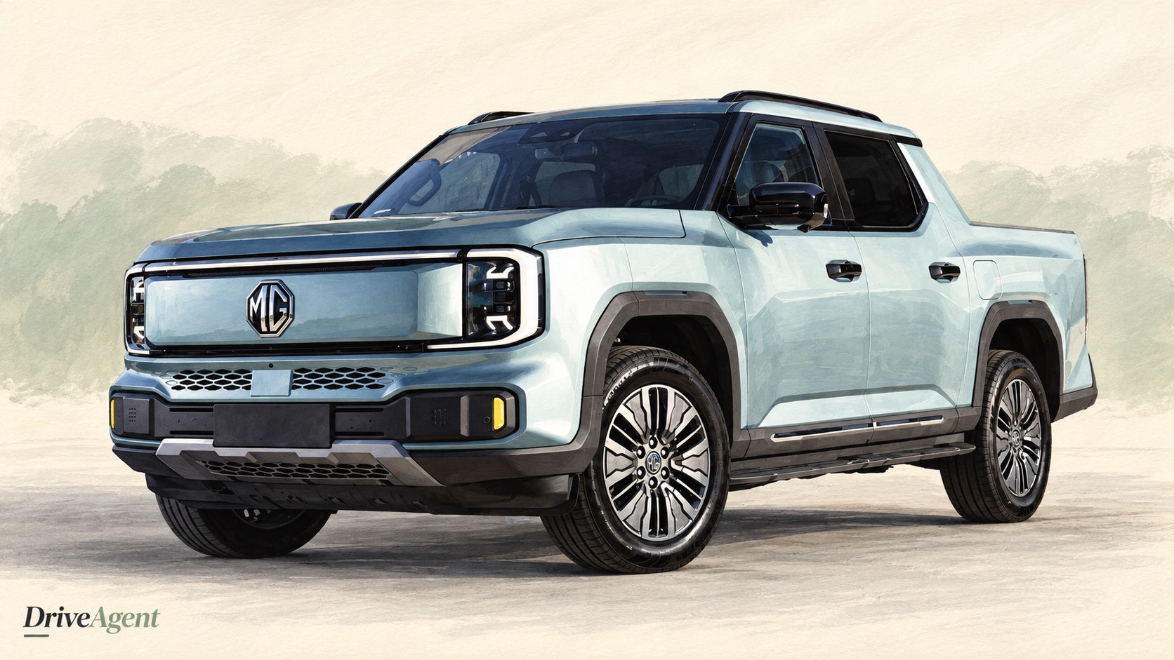 Editorial illustration of MG U9 EV electric ute.