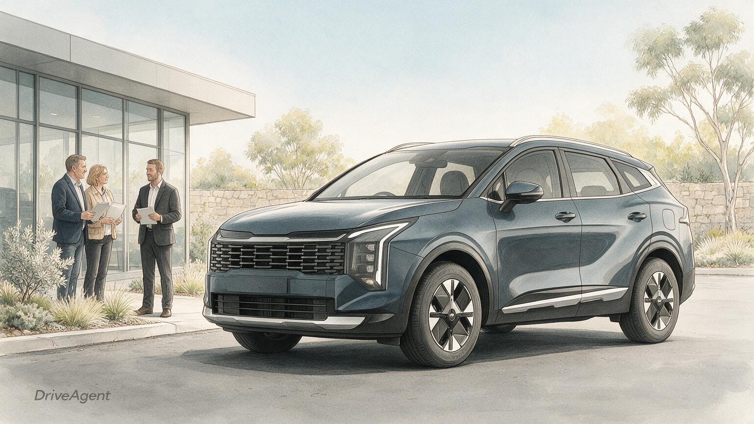 AI editorial illustration of the Kia Sportage S Hybrid