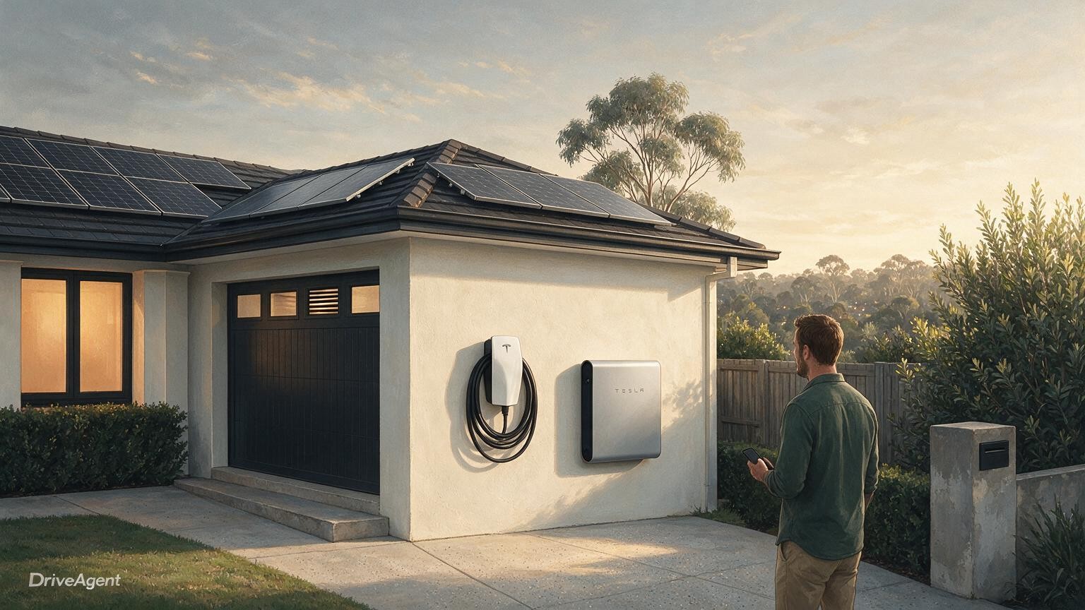 Concept illustration for: Tesla's Wall Connector now charges any supported EV from solar, while 2027 Model 3 and Model Y gain vehicle-to-load