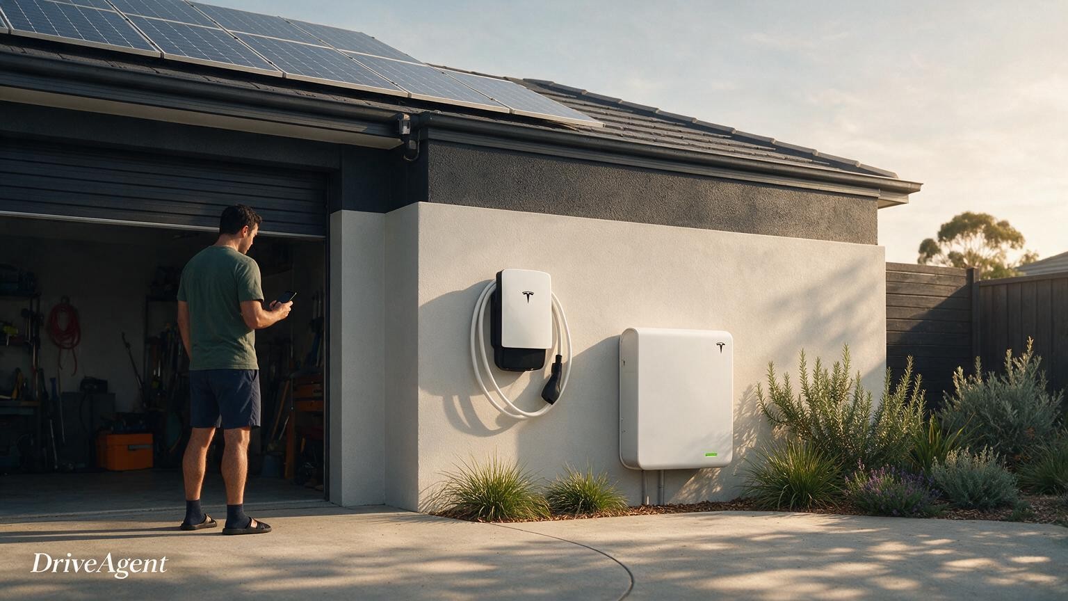 Concept illustration for: Tesla's Wall Connector now charges any supported EV from solar, while 2027 Model 3 and Model Y gain vehicle-to-load