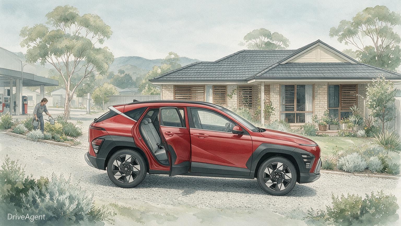 AI editorial illustration of the Hyundai Kona