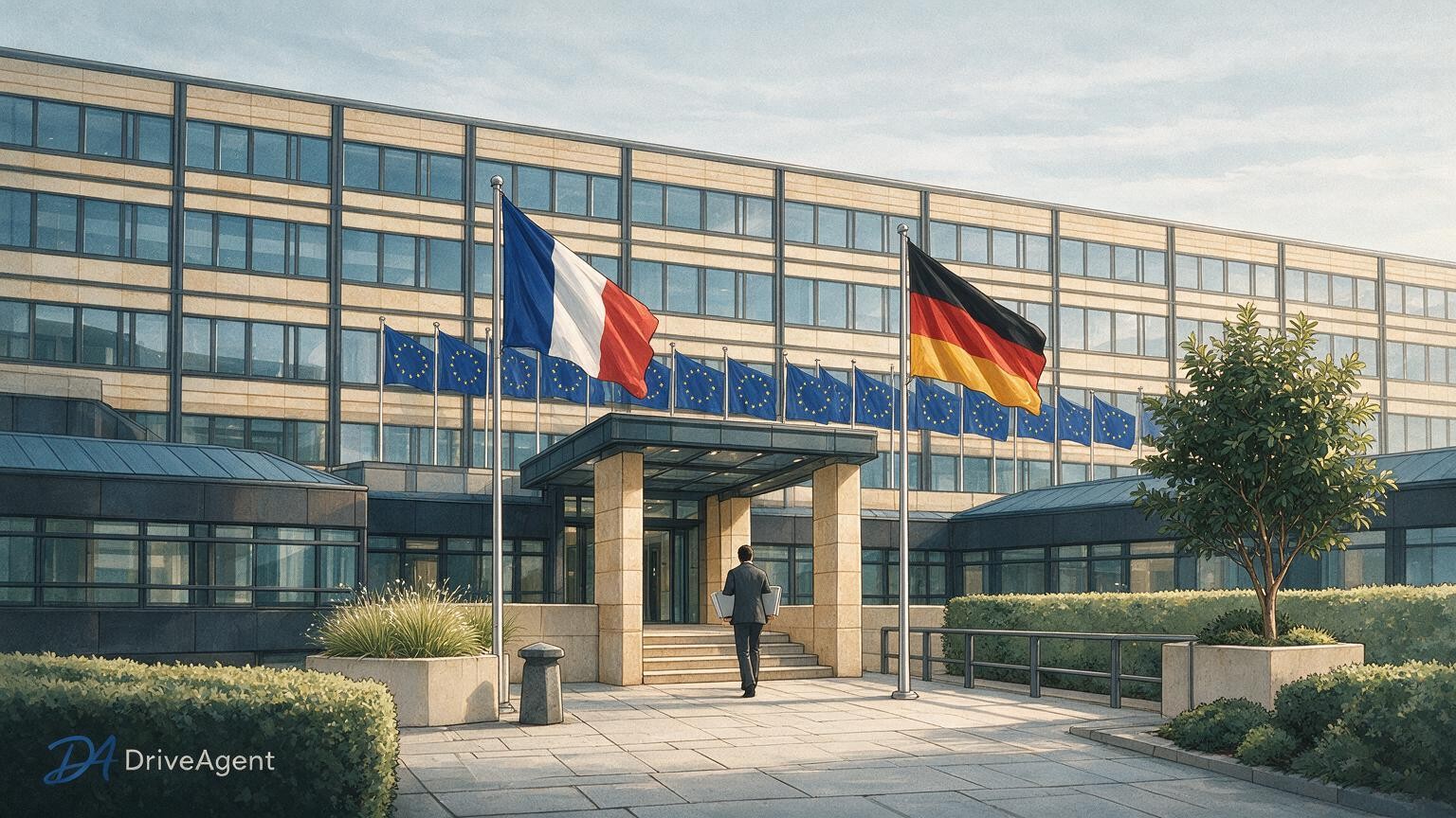 Concept illustration for: France and Germany strike deal to soften EU car emissions rules and open door for UK inclusion