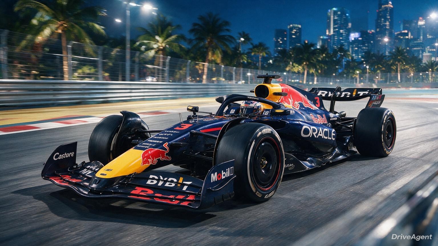 Editorial illustration of Red Bull RB22, Red Bull car number 3, in a racing setting