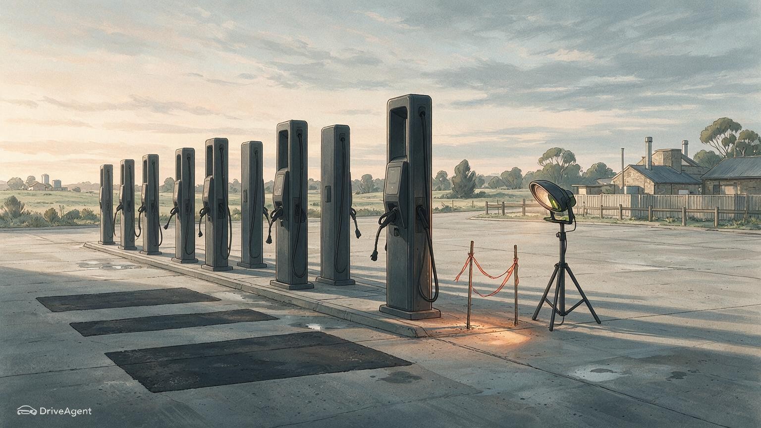 Concept illustration for: Vandals strip cables from Tesla Superchargers in Ballarat as charger theft spreads across Australia