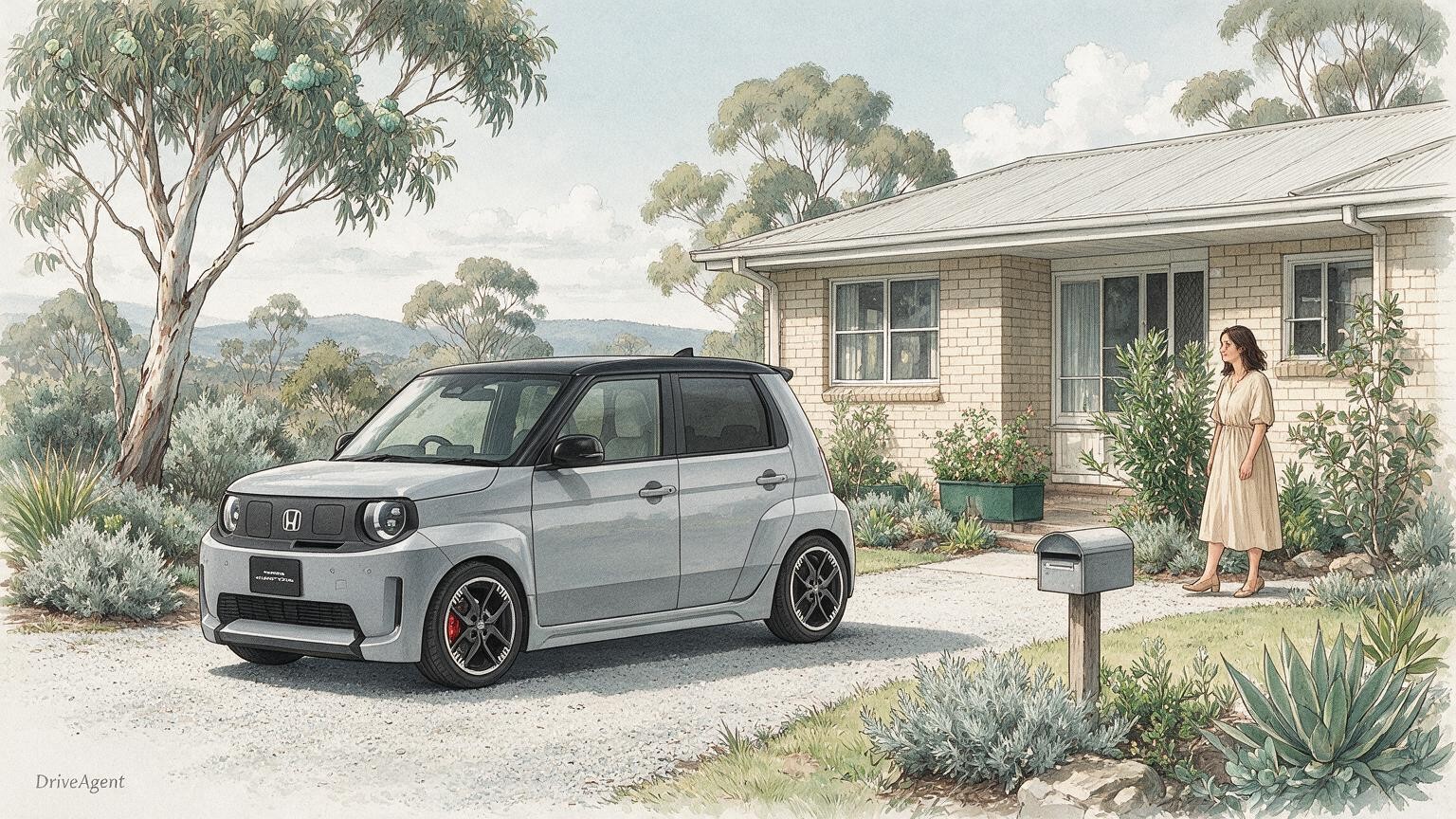 AI editorial illustration of a Honda Super-ONE