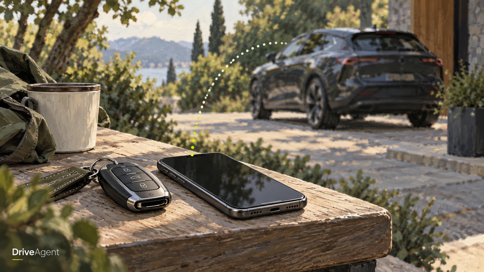 Editorial illustration: Car keys and a phone with a parked car in the background, symbolising pending connectivity.