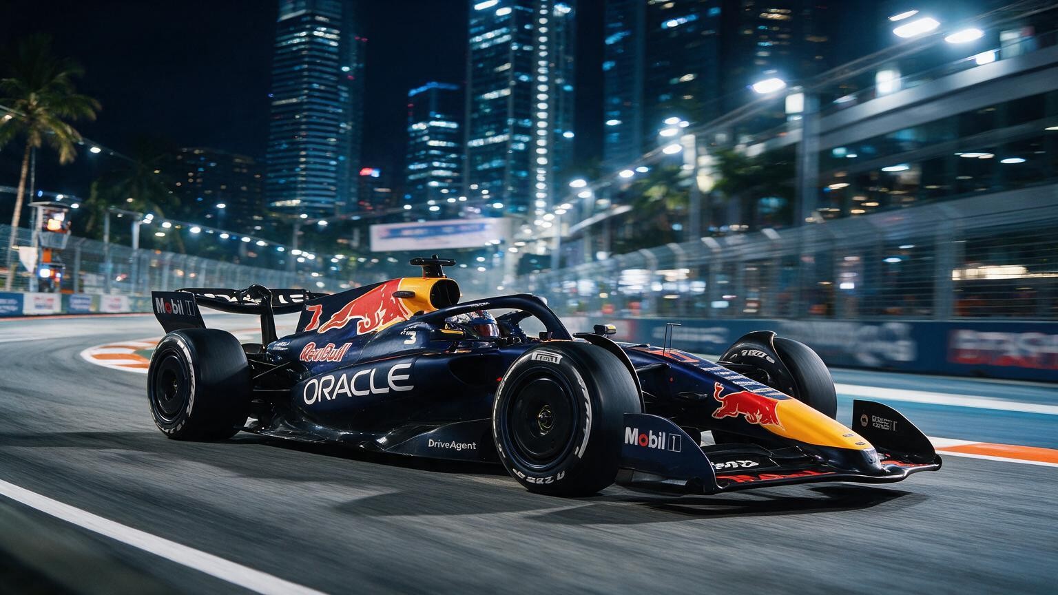 Editorial illustration of Red Bull RB22, Red Bull car number 3, in a racing setting