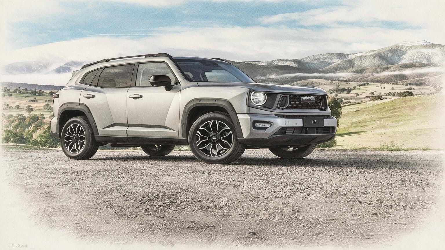 AI editorial illustration of a GWM Haval H7