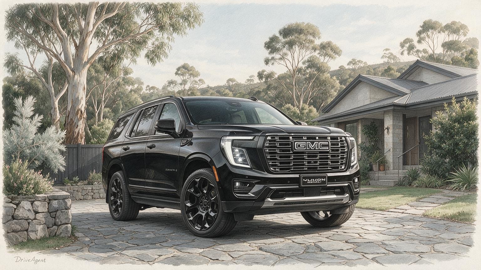 AI editorial illustration of a GMC Yukon Denali Signature Black