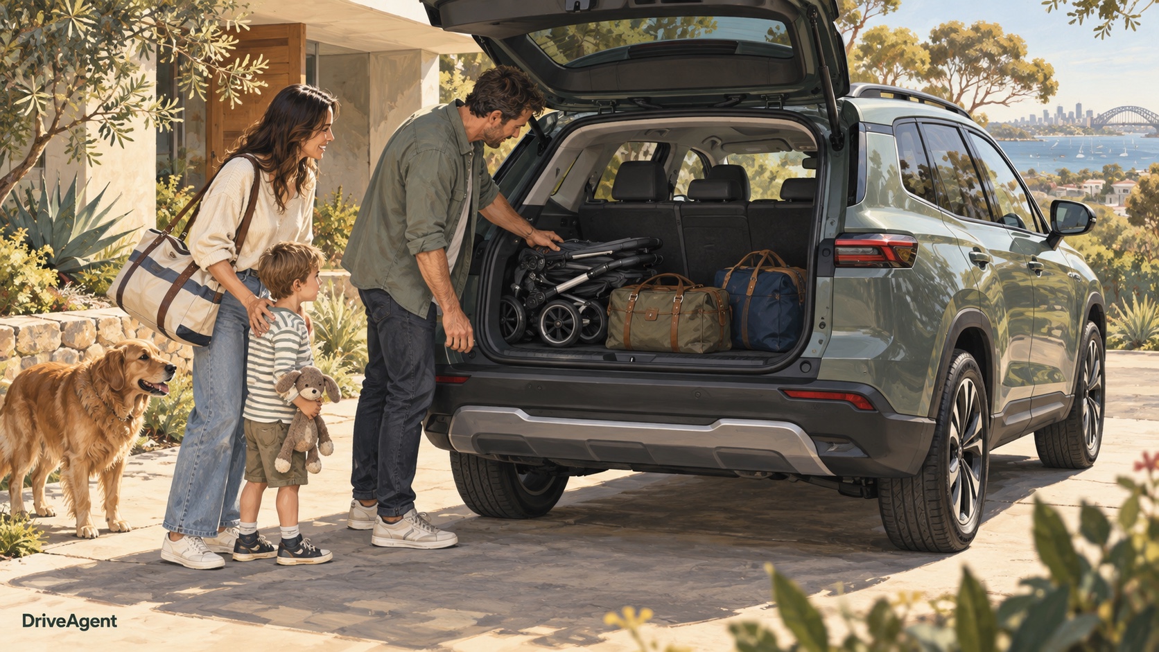 Editorial illustration: A family checking luggage and stroller space in an SUV.