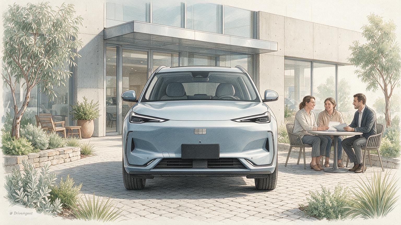AI editorial illustration of the Geely EX5
