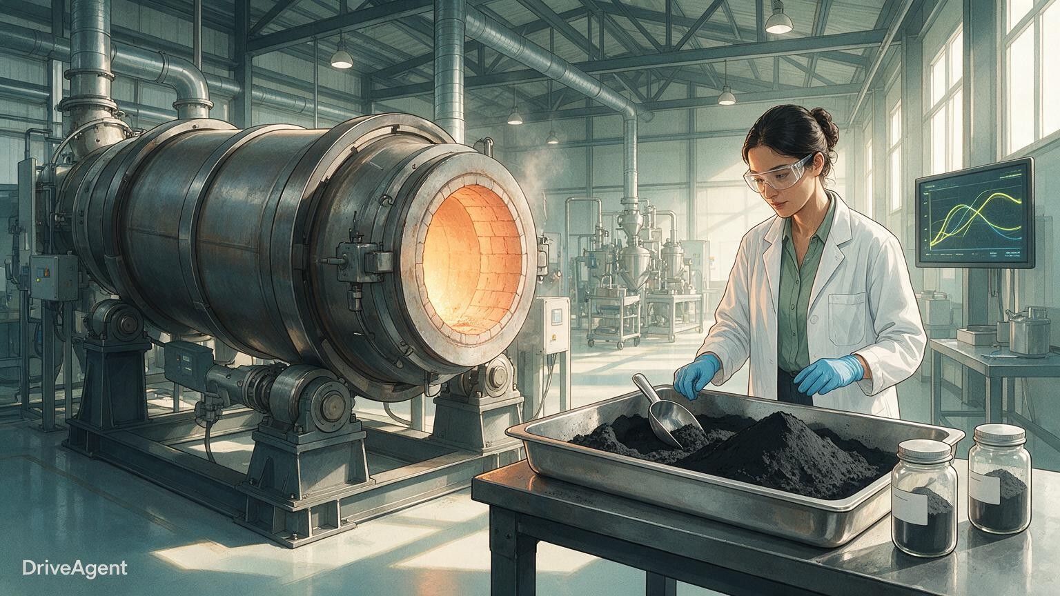 Concept illustration for: Ulm cathode pilot line Powder-Up! enters full operation, scaling battery materials to 100-kilogram batches
