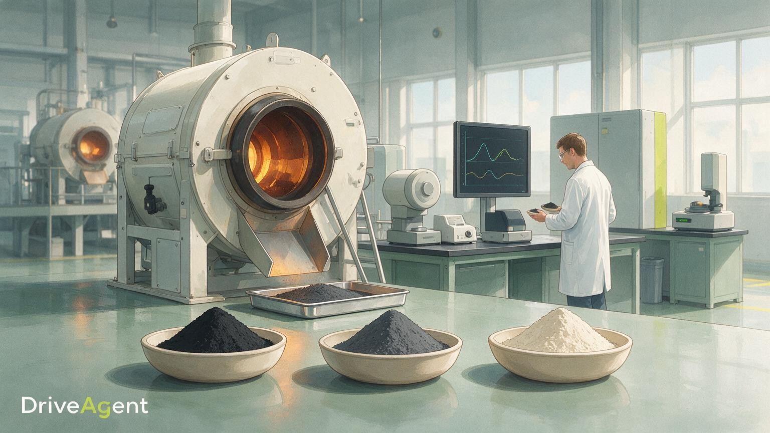 Concept illustration for: Ulm cathode pilot line Powder-Up! enters full operation, scaling battery materials to 100-kilogram batches