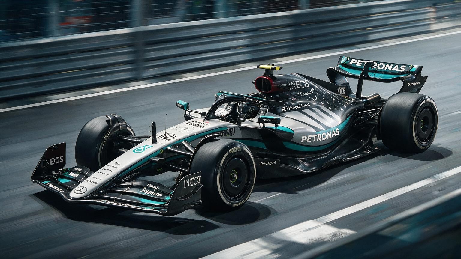 Editorial illustration of Mercedes-AMG W17, Mercedes car number 12, in a racing setting