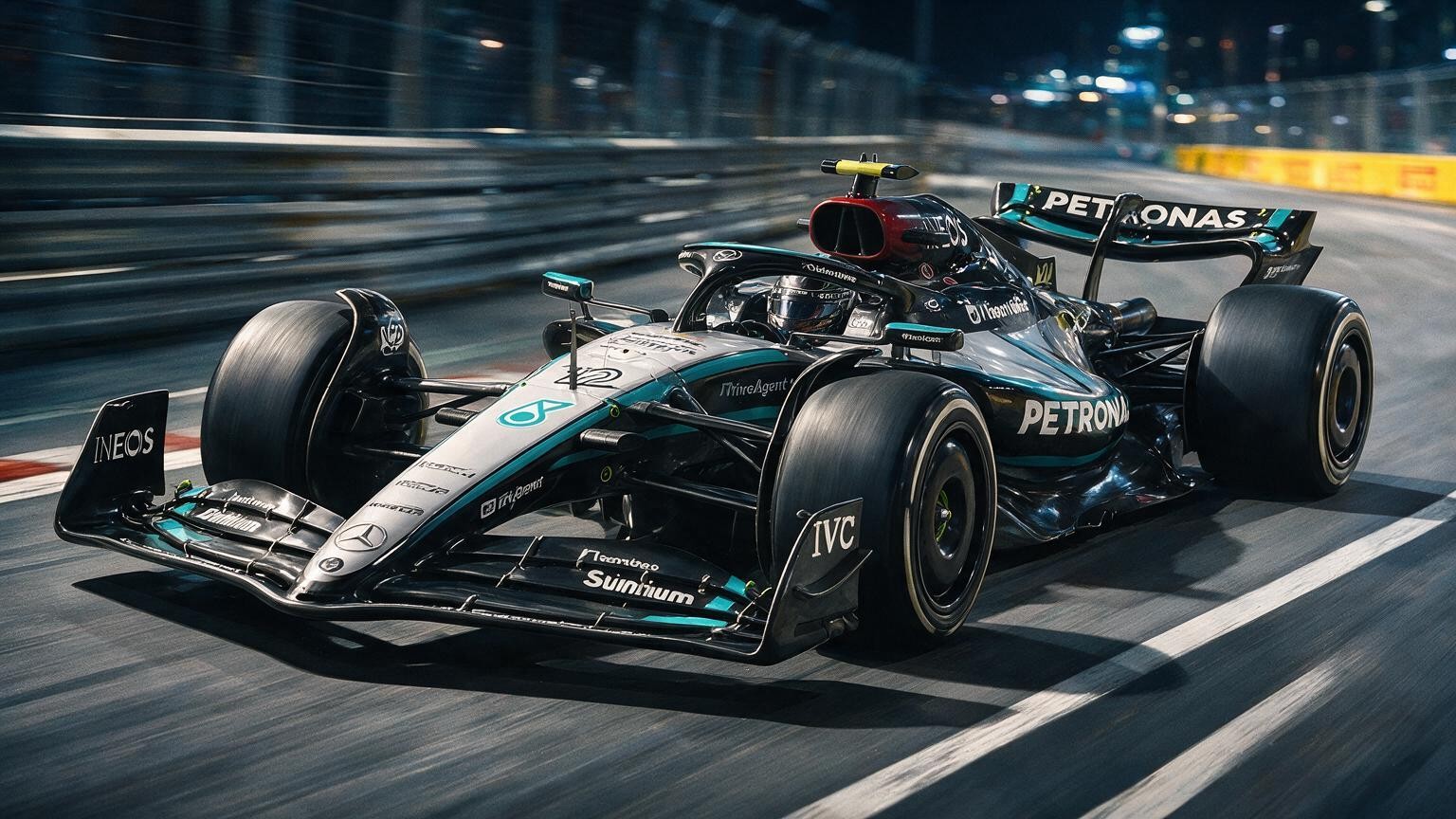 Editorial illustration of Mercedes-AMG W17, Mercedes car number 12, in a racing setting