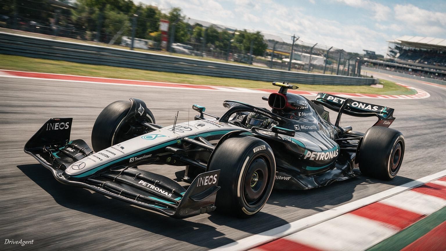 Editorial illustration of Mercedes-AMG W17, Mercedes car number 12, in a racing setting