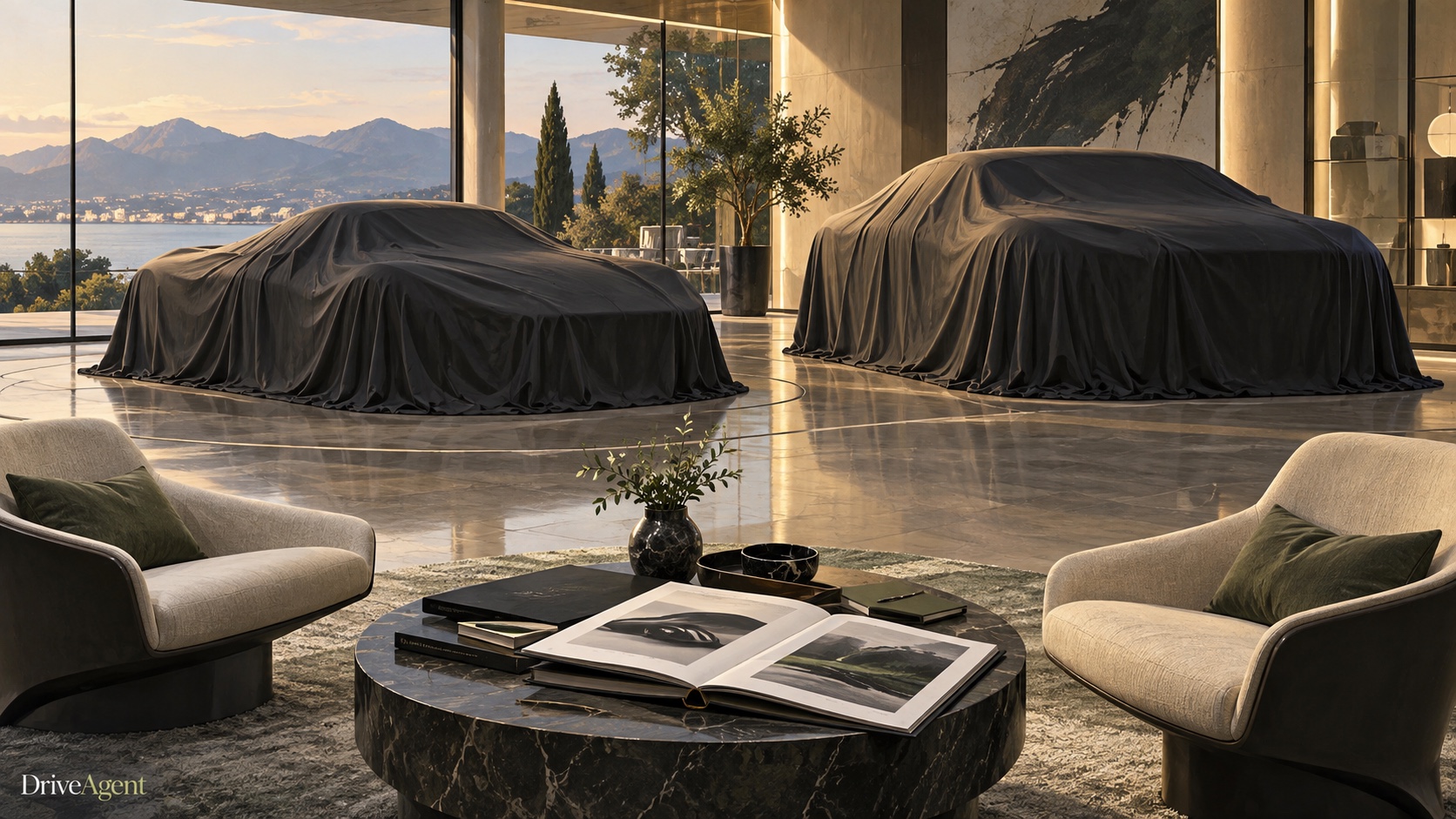 Editorial illustration: Covered vehicles in a premium showroom, symbolising future automotive plans.