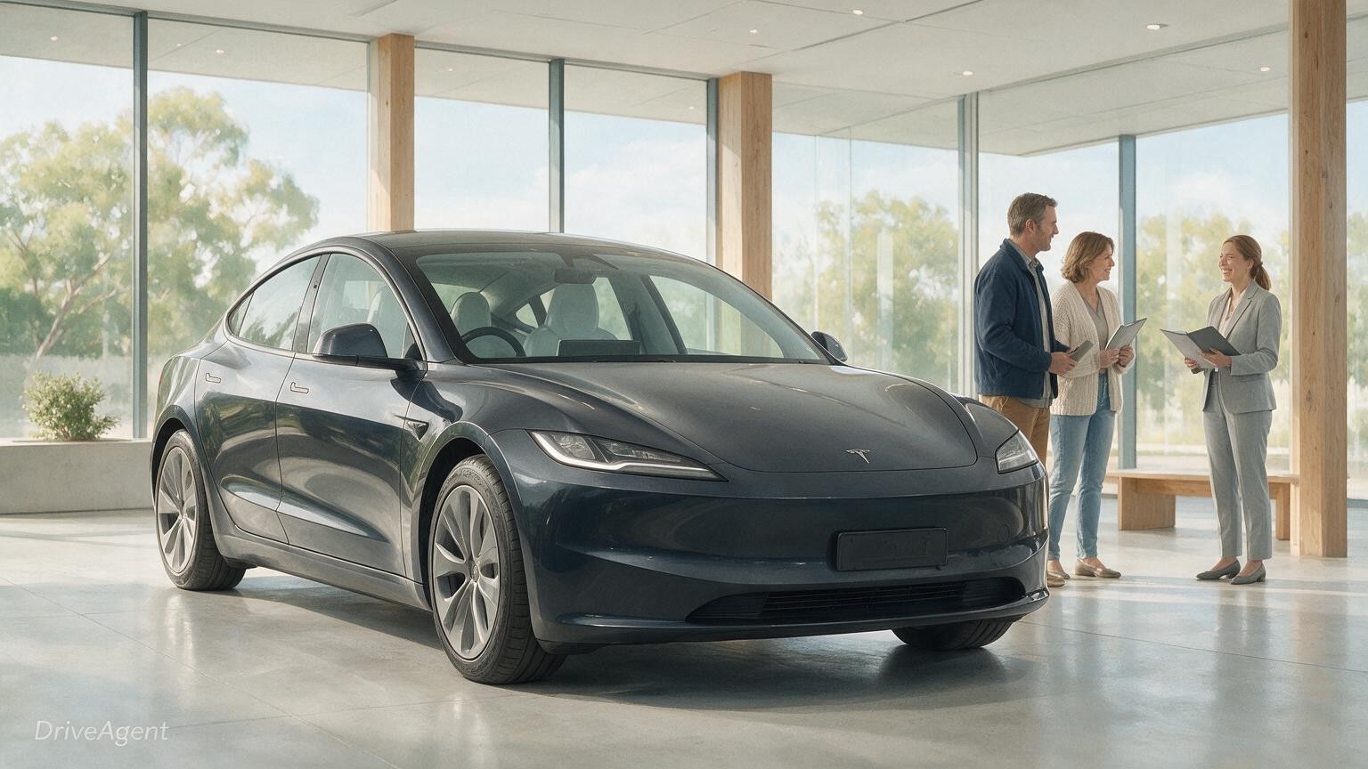 AI editorial illustration of the Tesla Model 3
