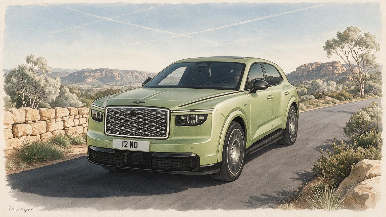 AI editorial illustration of a Bentley Torcal launch vehicle