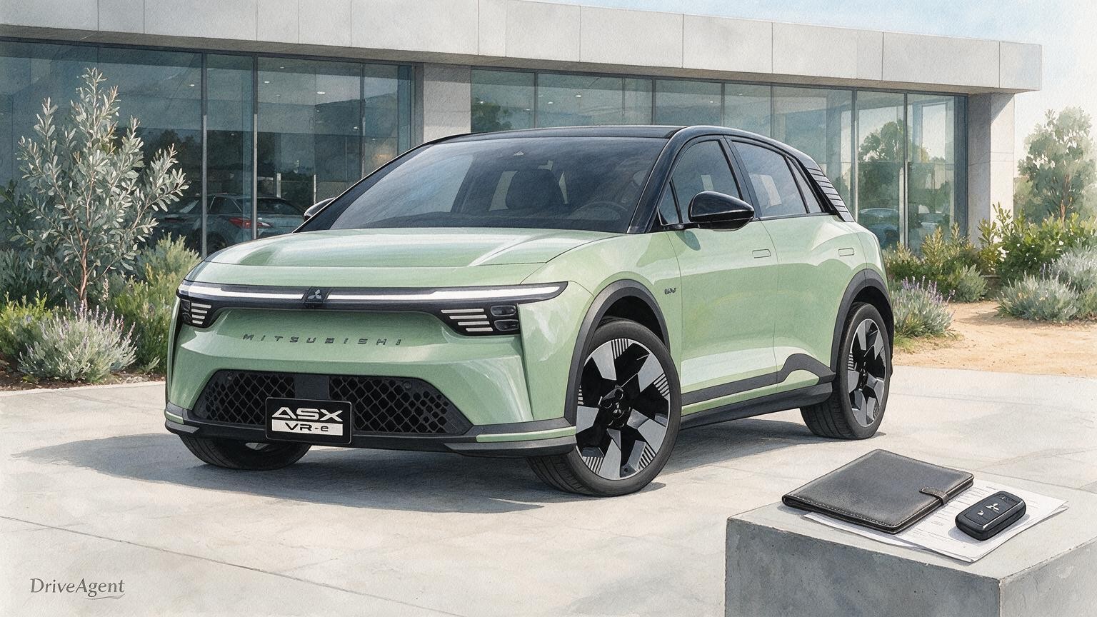 AI editorial illustration of a Mitsubishi ASX VR-e battery-electric SUV, official launch reference