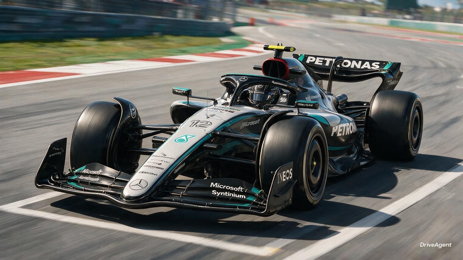 Editorial illustration of Mercedes-AMG W17, Mercedes car number 12, in a racing setting