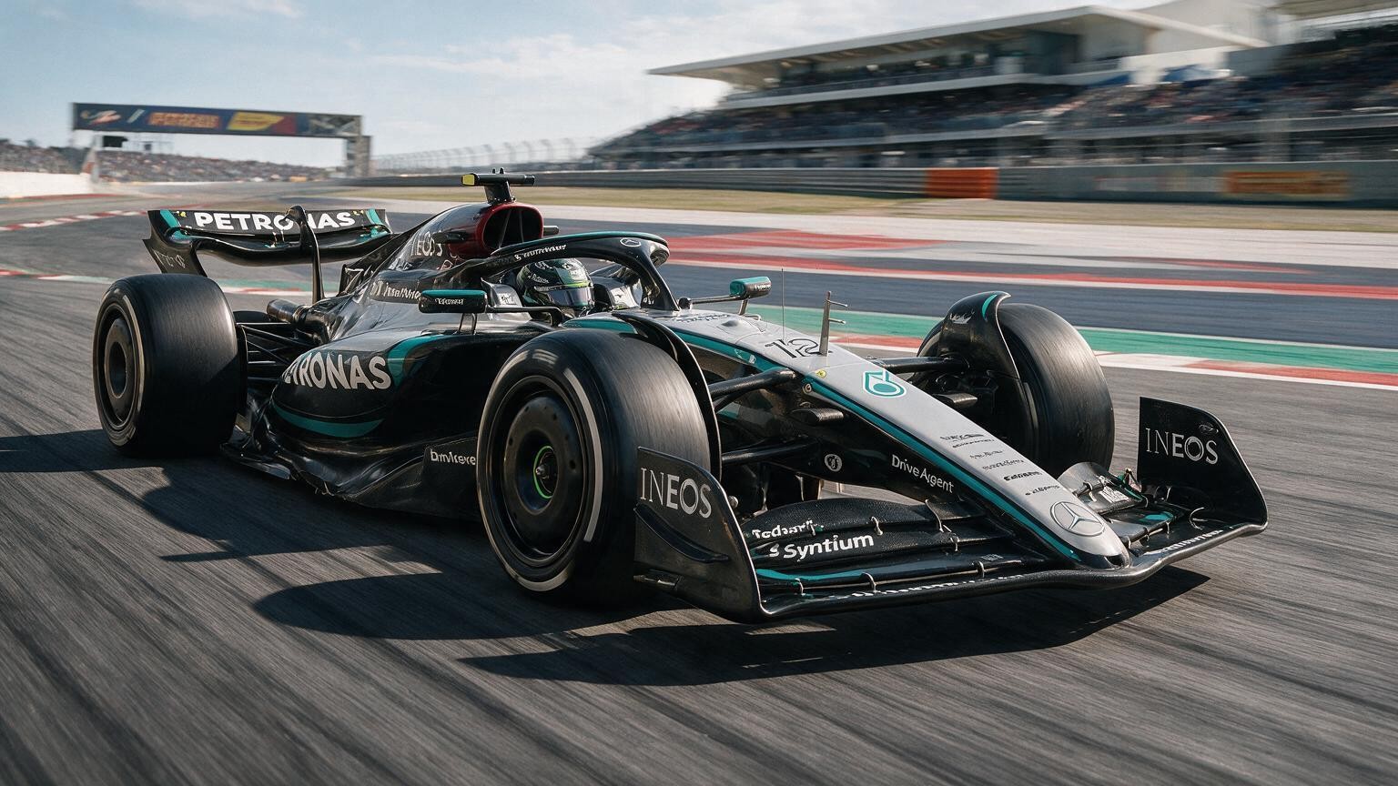 Editorial illustration of Mercedes-AMG W17, Mercedes car number 12, in a racing setting