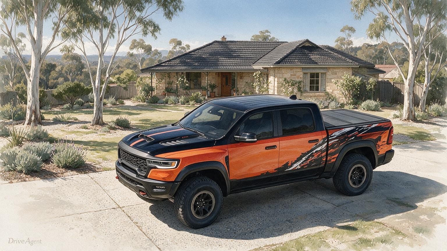 AI editorial illustration of a Ram 1500 TRX