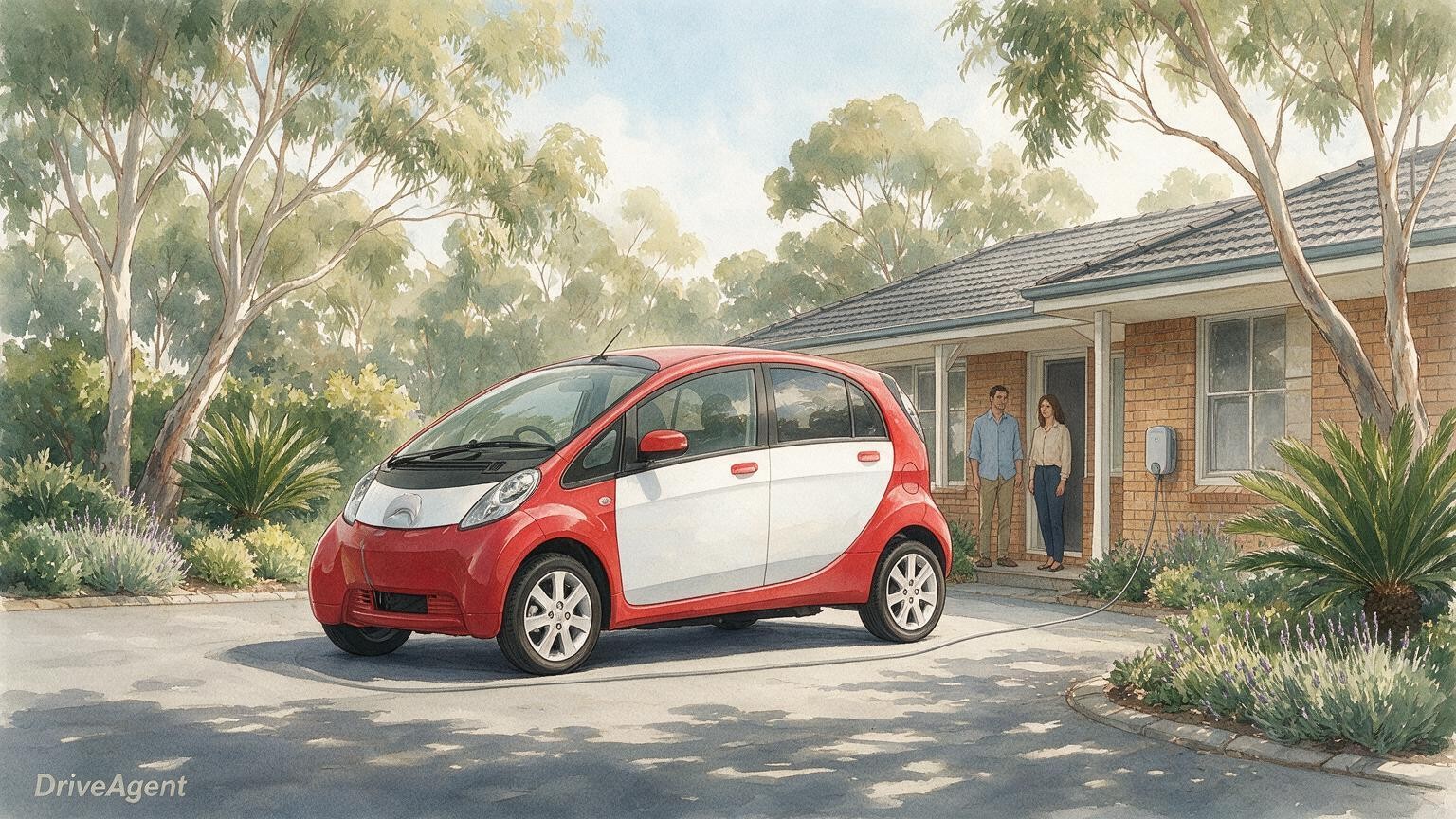 AI editorial illustration of the Mitsubishi i-MiEV, original production electric vehicle