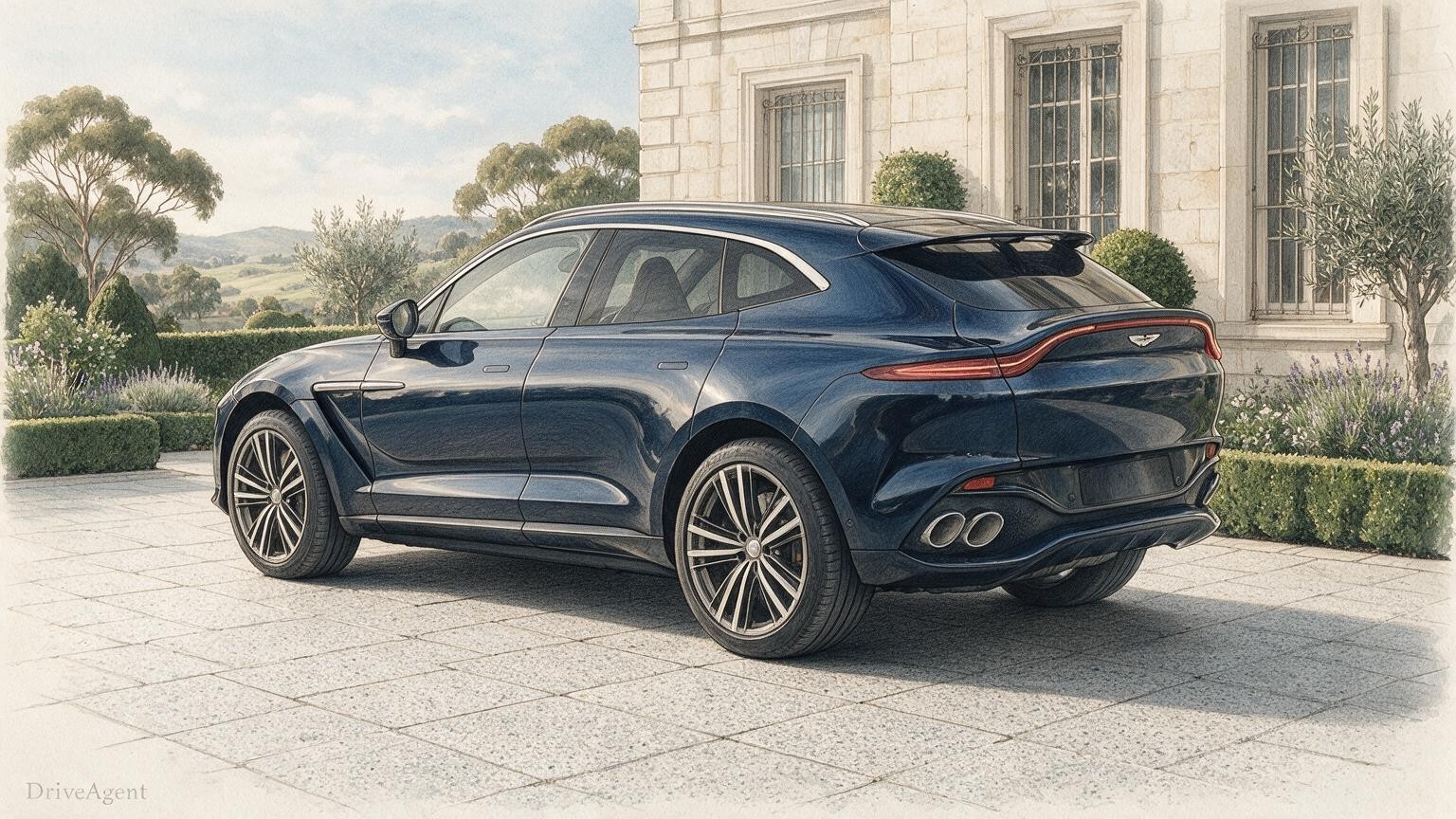 AI editorial illustration of the Aston Martin DBX GT